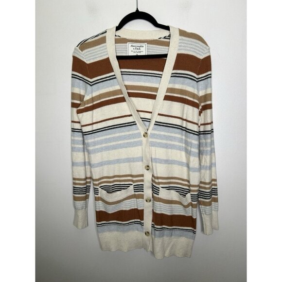 Abercrombie & Fitch Striped Cardigan Grandpacore Sweater Brown Cream Medium - Picture 1 of 10